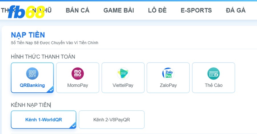Fb68 đang hỗ trợ nhiều phương thức nạp khác nhau cho hội viên